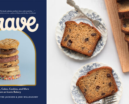 Cover of the book "Crave" which features a stack of various cookies on the cover. right: Sliced banana loaf on plates. Banana Chocolate Loaf