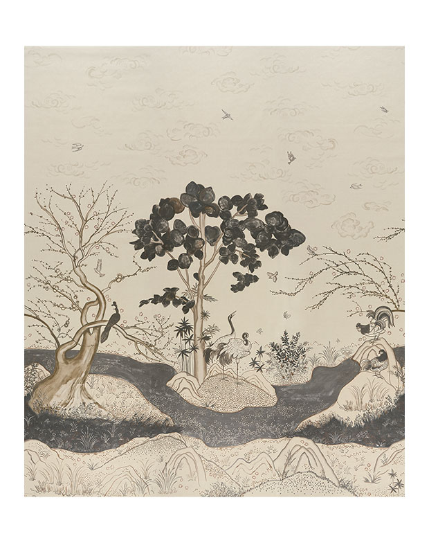 Calm, stylish accents: An image of a piece of wallpaper featuring a Japanese brush pen inspired forest scene with three trees, two herons, and a rooster.