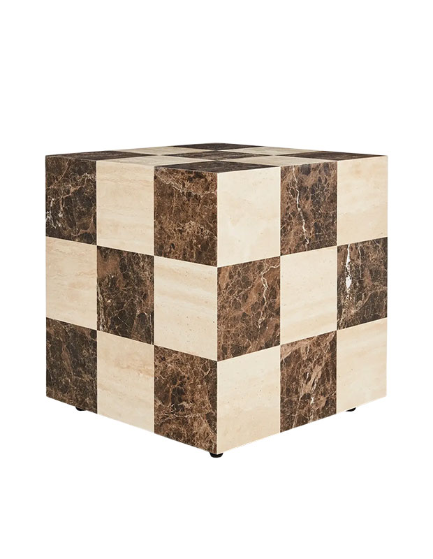 Calm, stylish accents: An image of a checkered square side table.