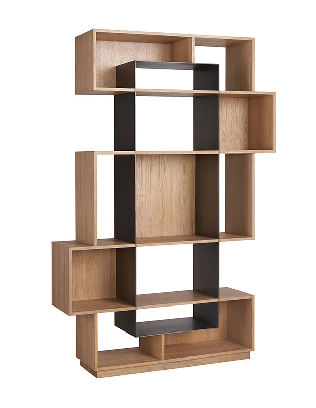 Calm, stylish accents: A photo of a modern shelving unit with overlapping rectangular shapes.