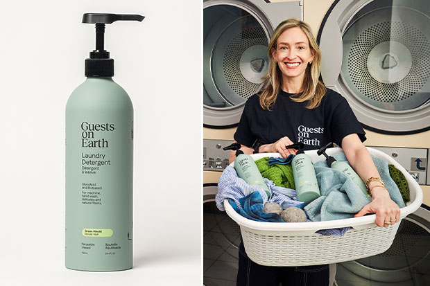 This image is a collage of two photos. On the left, a photo of a green bottle with a black pump nozzle set against a white background (one of our eco-friendly items). On the right, a photo of a white woman with blond hair in a black shirt standing in front of laundry machines holding a basket of laundry with several bottles of detergent in them.