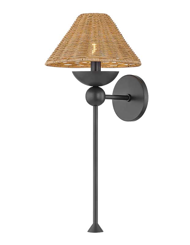A photo of a statement sconce with a wicker shade and a black base against a white background.
