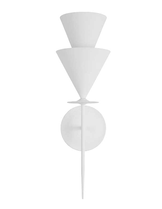 A picture of a white statement sconce made of conical forms against a white background.