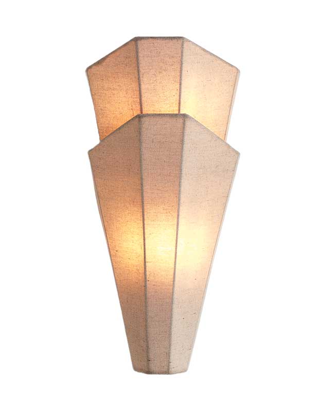 A photo of a statement sconce with a two-tiered linen shade pointing upwards.