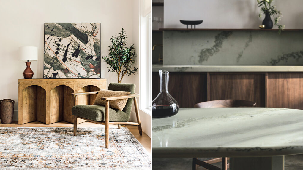 This image features two photographs side-by-side of eco-friendly items. On the left, a photograph of a wooden console table set in a room with a patterned rug and a green chair. On the right, a photo of a subtle green countertop with a glass carafe of red wine set on it.