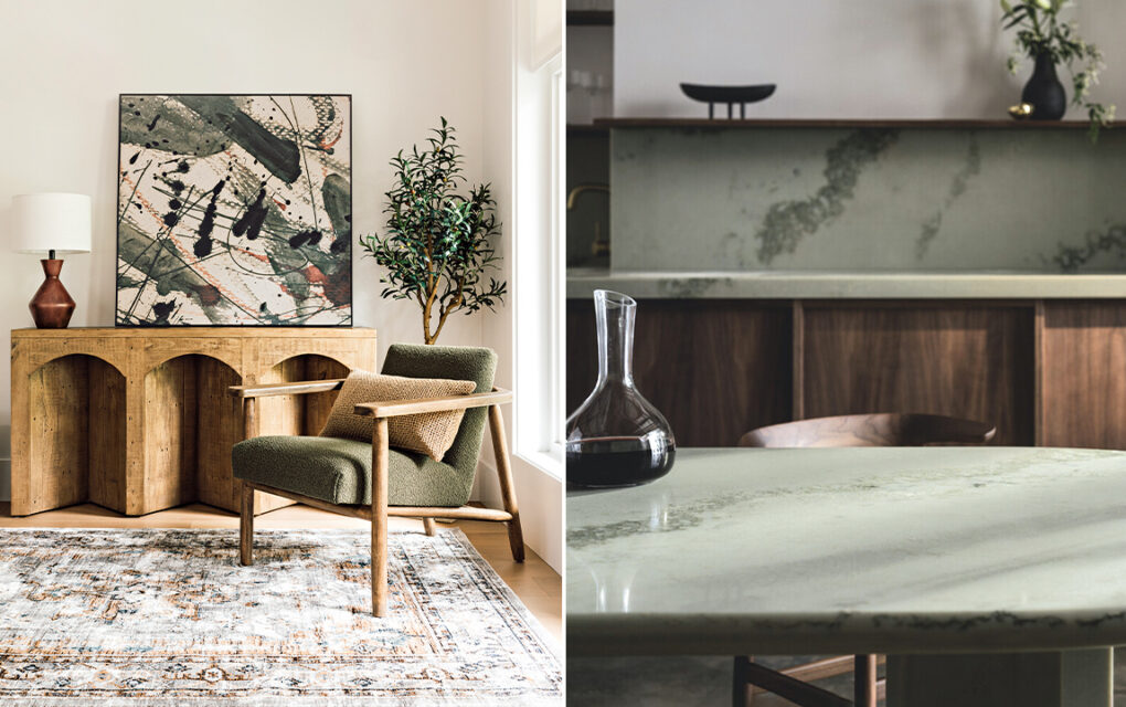 This image features two photographs side-by-side of eco-friendly items. On the left, a photograph of a wooden console table set in a room with a patterned rug and a green chair. On the right, a photo of a subtle green countertop with a glass carafe of red wine set on it.