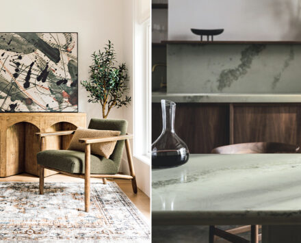 This image features two photographs side-by-side of eco-friendly items. On the left, a photograph of a wooden console table set in a room with a patterned rug and a green chair. On the right, a photo of a subtle green countertop with a glass carafe of red wine set on it.
