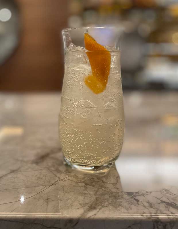 A picture of a gin and tonic at the AC Old Montreal hotel. A sparkling, clear liquid in a rounded glass with a twist of orange rind sitting on top.