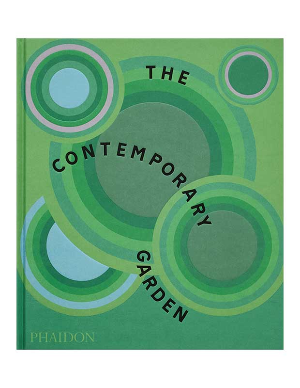 The cover of design book "The Contemporary Garden." The title is superimposed in arcing black text over an abstract design of predominantly green, but also blue and grey circles.