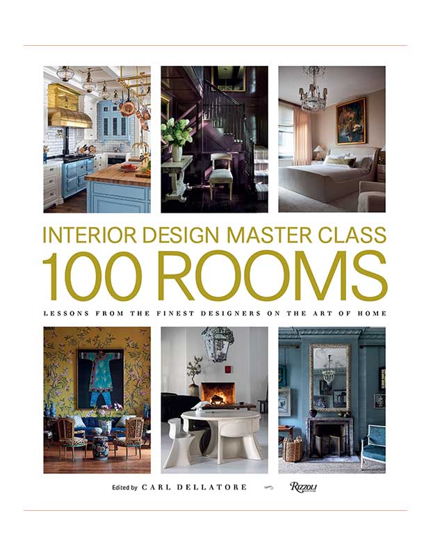 The cover of design book "100 Rooms." The occupies the entire middle portion of the cover in yellow letters on a white background. Three photos above the title and three photos below the title show views of different rooms.