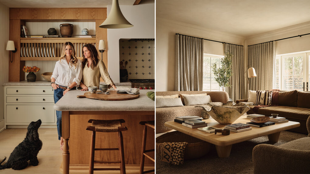 A collage of two photographs. On the left, photograph of two women standing at a kitchen table while a black dog looks up at them. On the right, a living room with a large wooden table with a big decorative bowl as a centrepiece.
