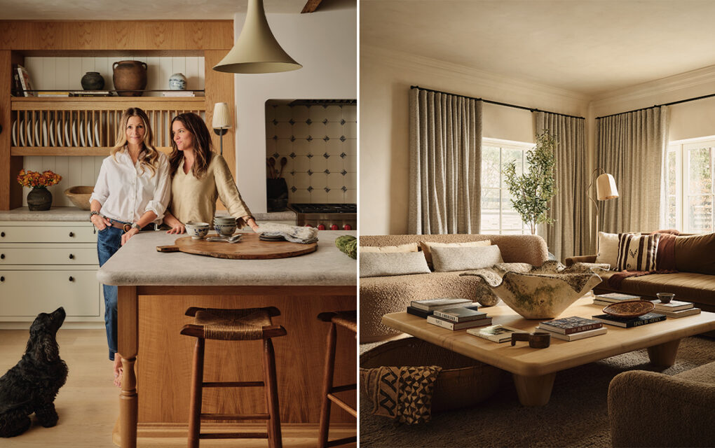 A collage of two photographs. On the left, photograph of two women standing at a kitchen table while a black dog looks up at them. On the right, a living room with a large wooden table with a big decorative bowl as a centrepiece.