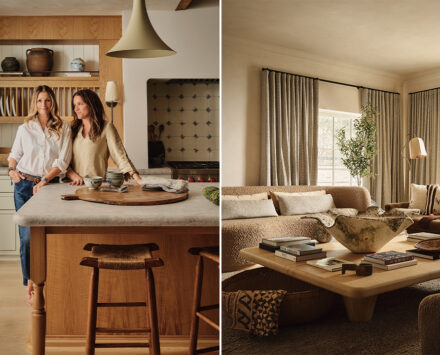 A collage of two photographs. On the left, photograph of two women standing at a kitchen table while a black dog looks up at them. On the right, a living room with a large wooden table with a big decorative bowl as a centrepiece.