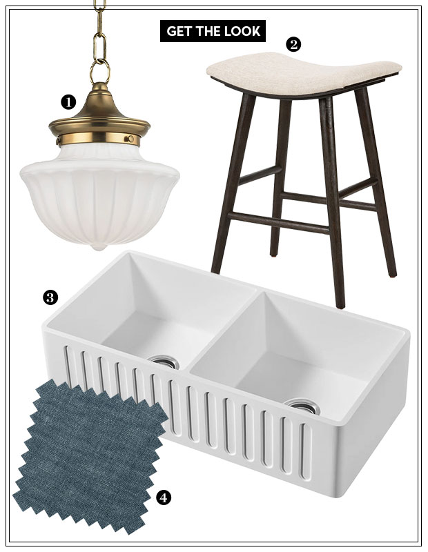 Kitchen with farmhouse aesthetic: A collage of a pendant light, a stool, a kitchen sink and a swatch of blue fabric on a white background.