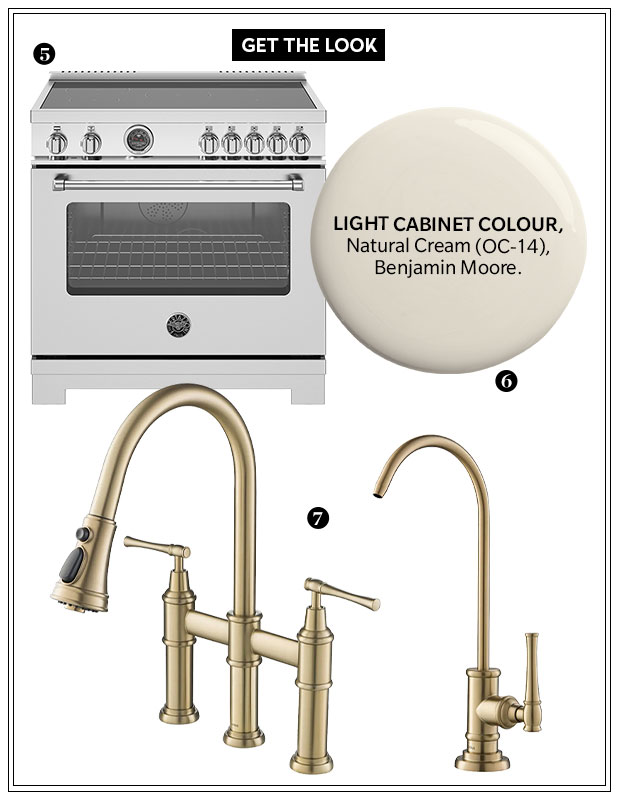 Kitchen with farmhouse aesthetic: A collage of a kitchen range, a paint colour, and kitchen faucets on a white background.